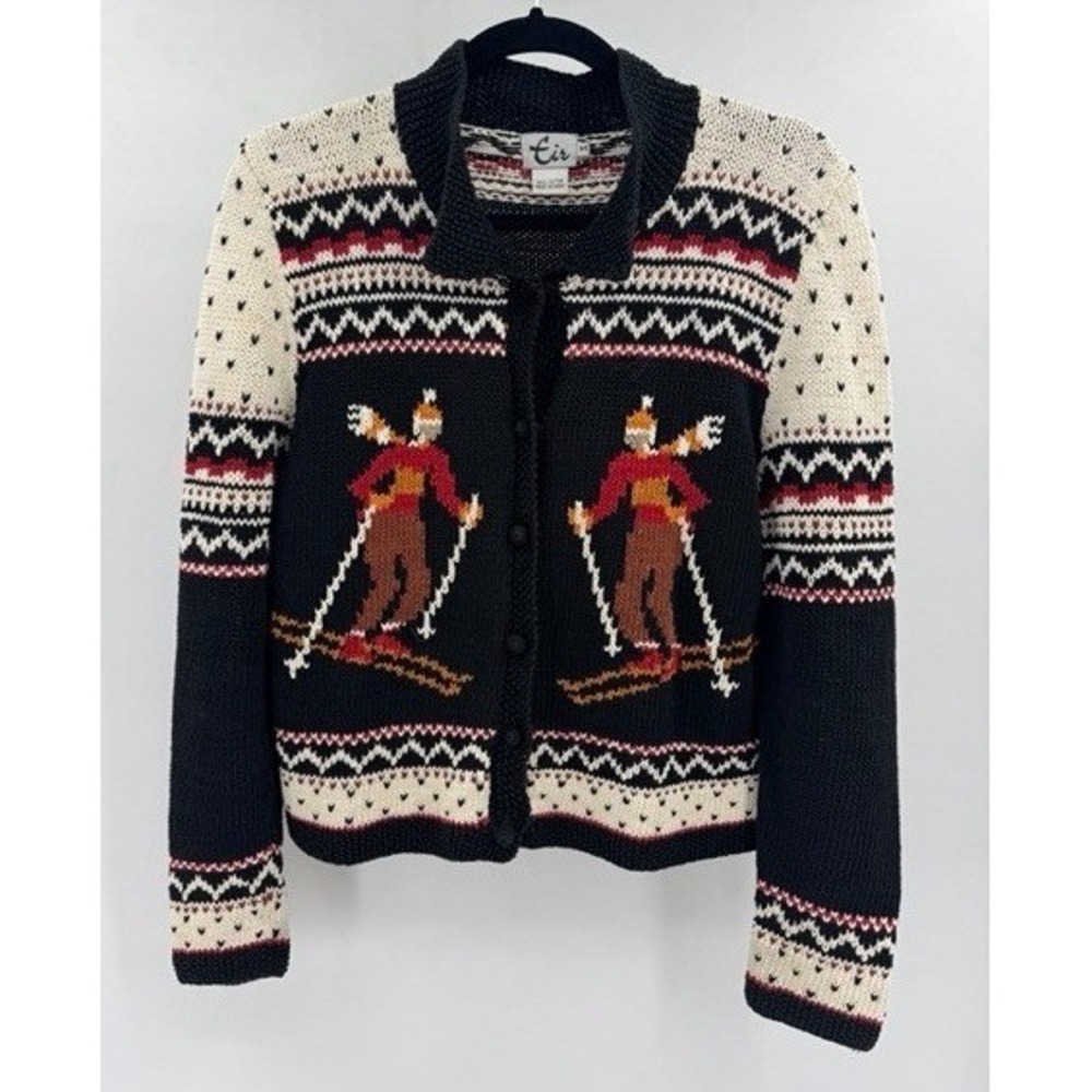 Vintage Eir Black Ski Graphic Fair Isle Knit Cardigan Sweater MEDIUM 90s Retro